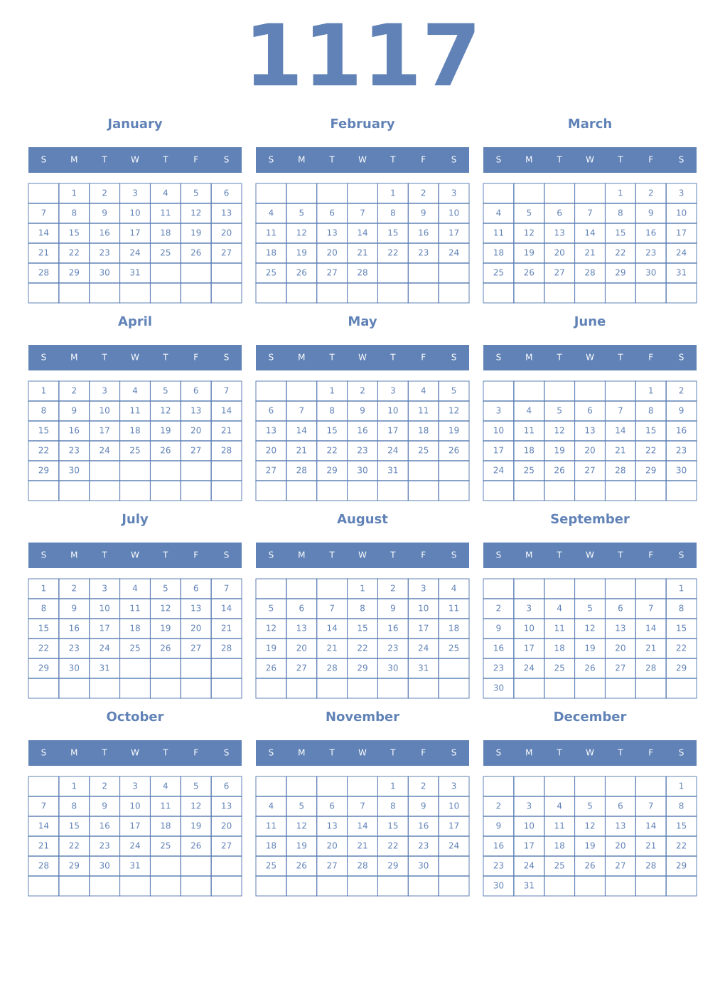 Printable 1117 Year Calendars glaucous