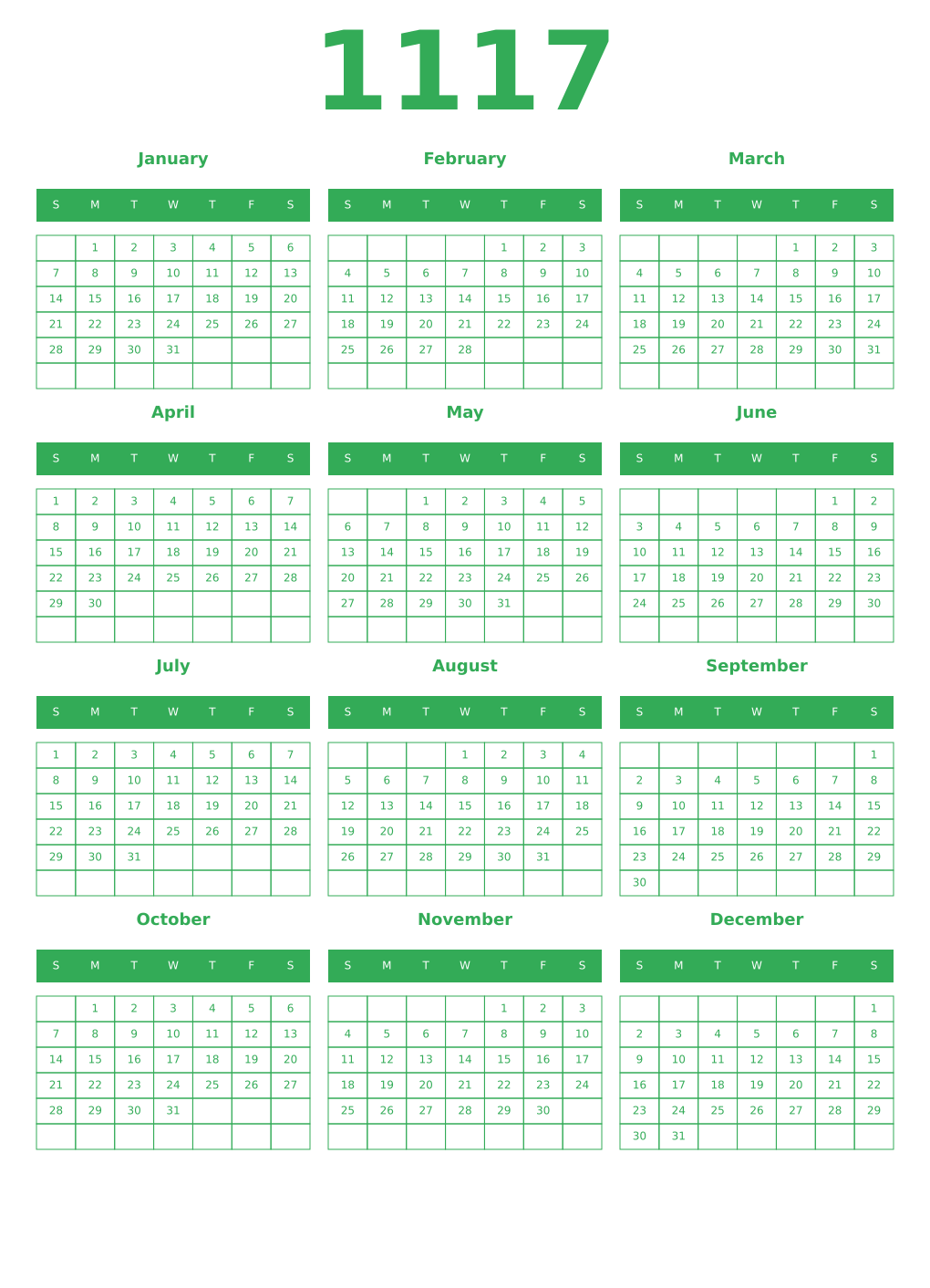 Printable 1117 Year Calendars green