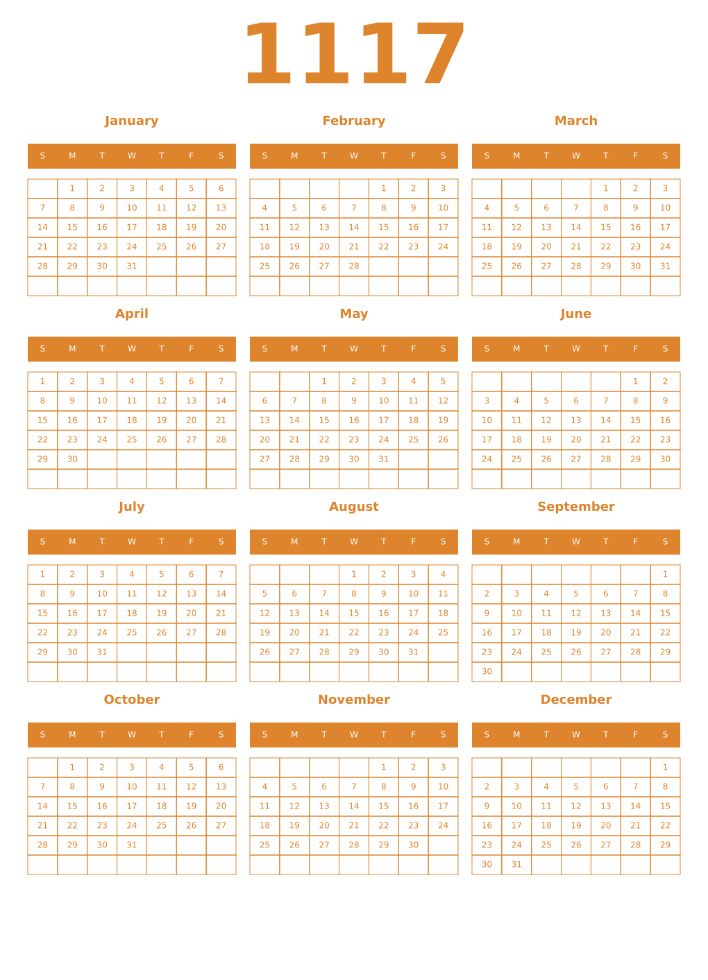 Printable 1117 Year Calendars orange