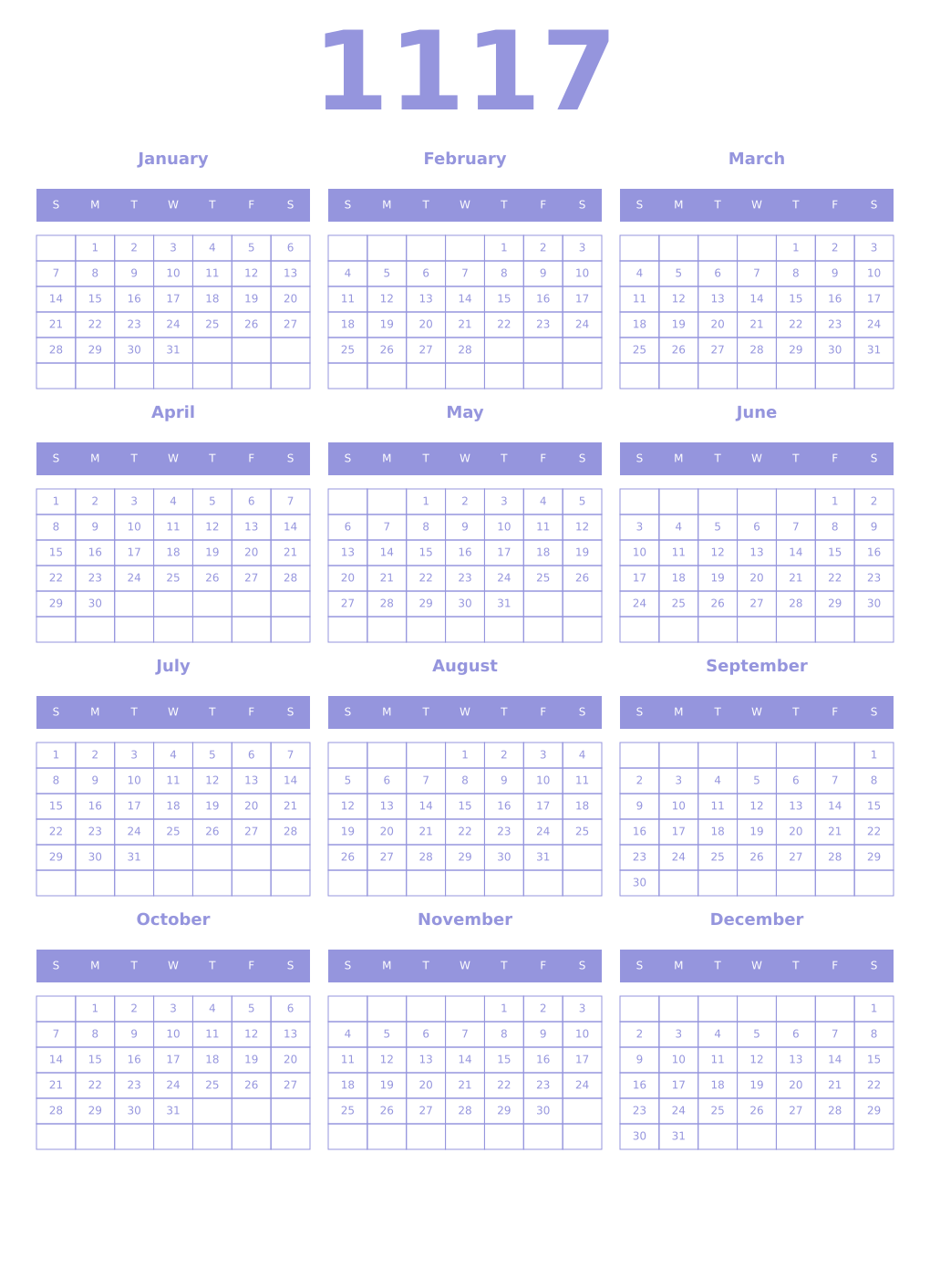 Printable 1117 Year Calendars periwinkle