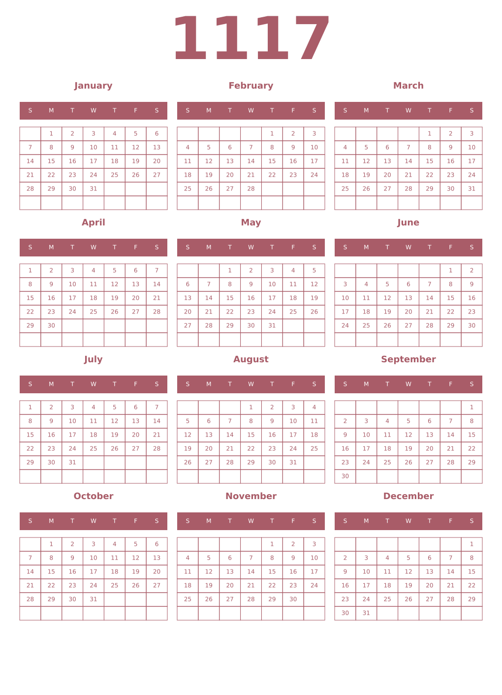 Printable 1117 Year Calendars puce