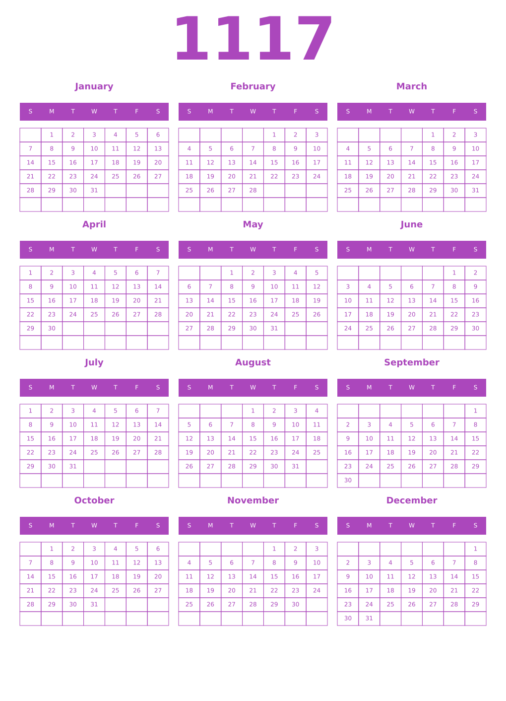 Printable 1117 Year Calendars purple