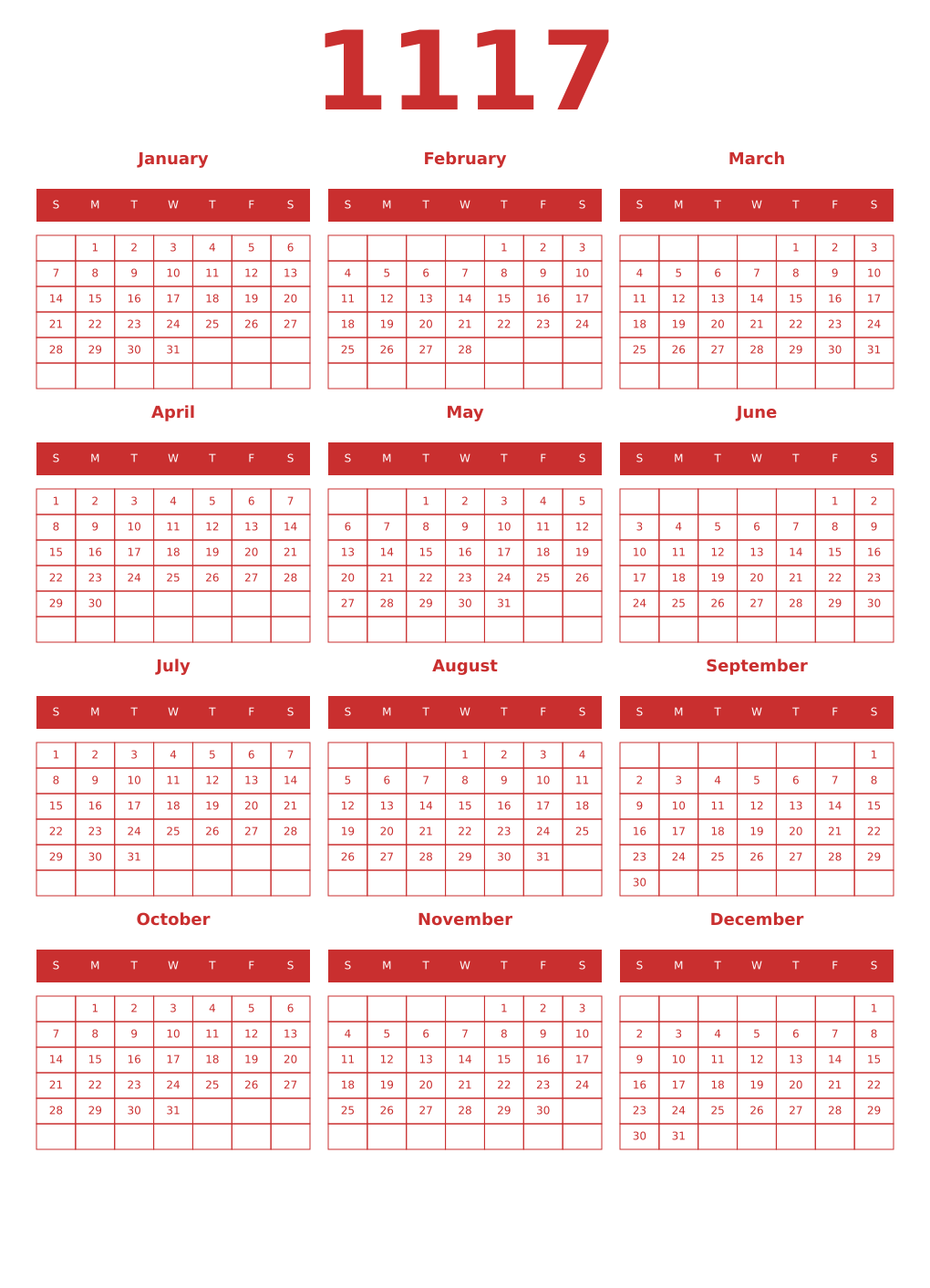 Printable 1117 Year Calendars red