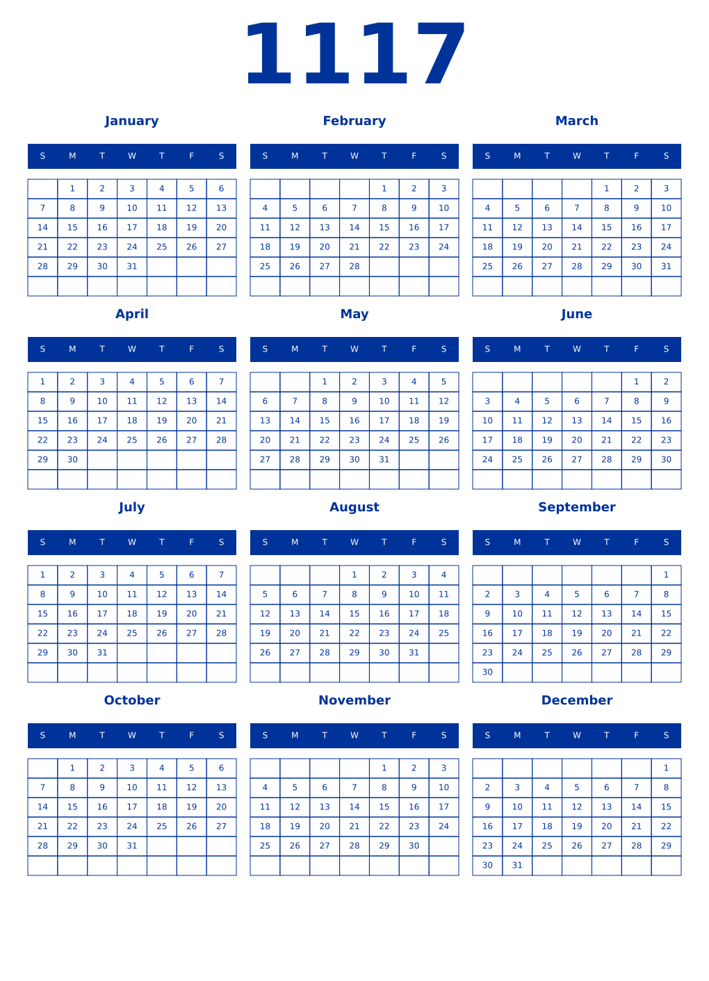 Printable 1117 Year Calendars smalt