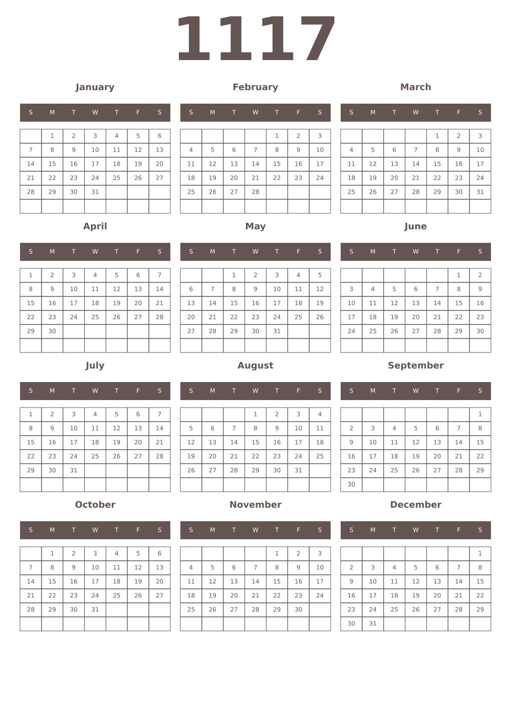 Printable 1117 Year Calendars wenge
