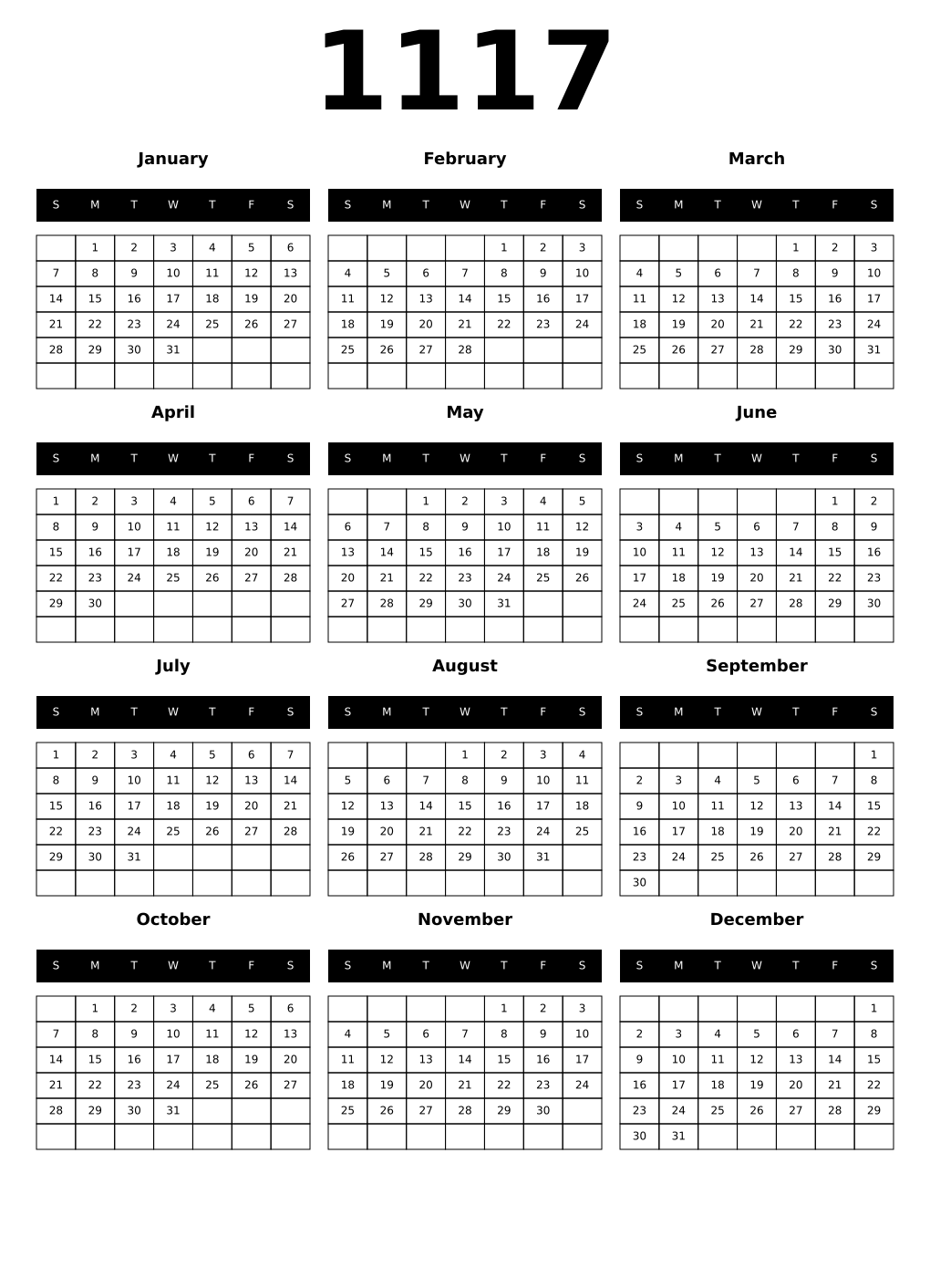 Printable 1117 Calendars
