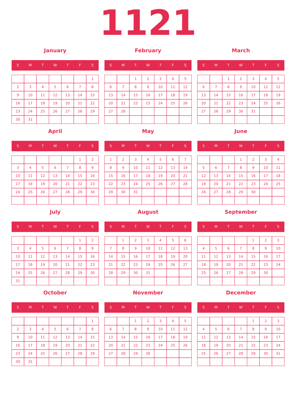 Printable 1121 Year Calendars amaranth