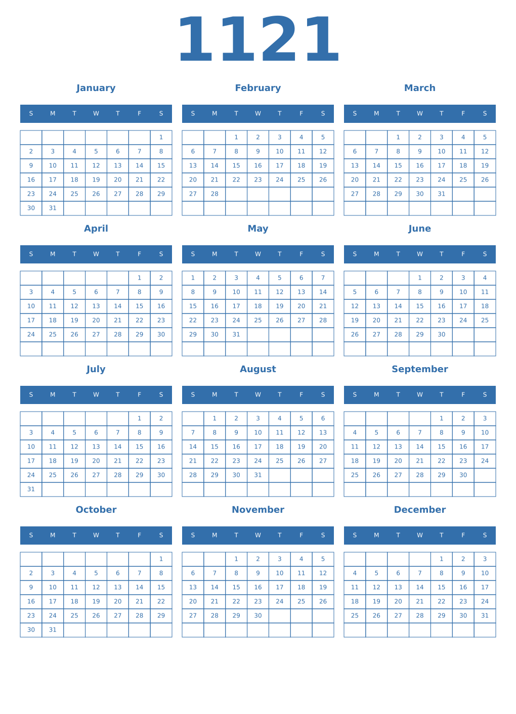 Printable 1121 Year Calendars blue