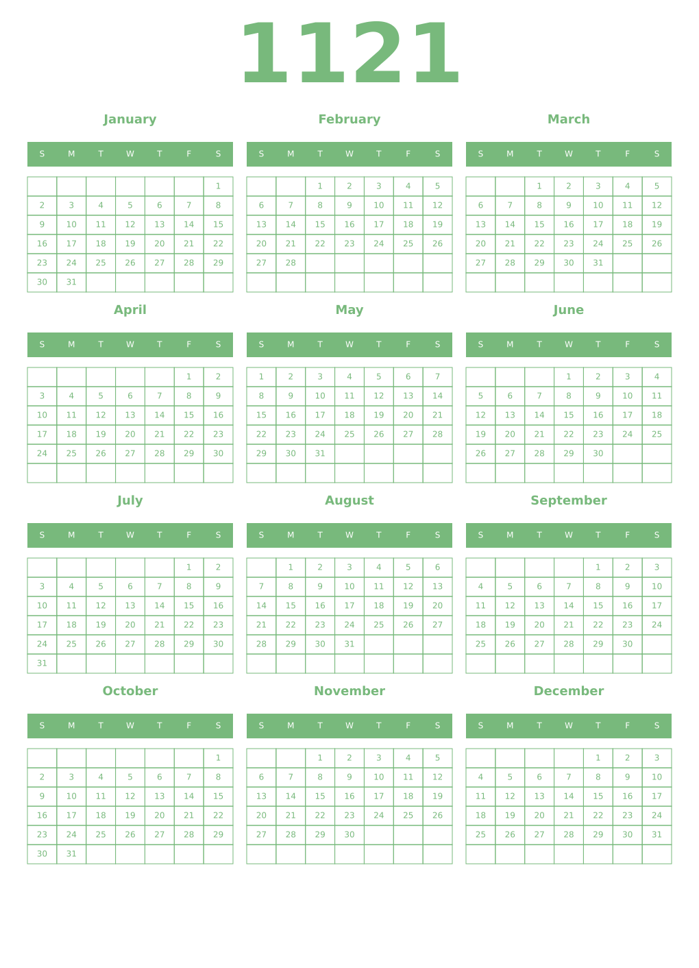Printable 1121 Year Calendars celadon