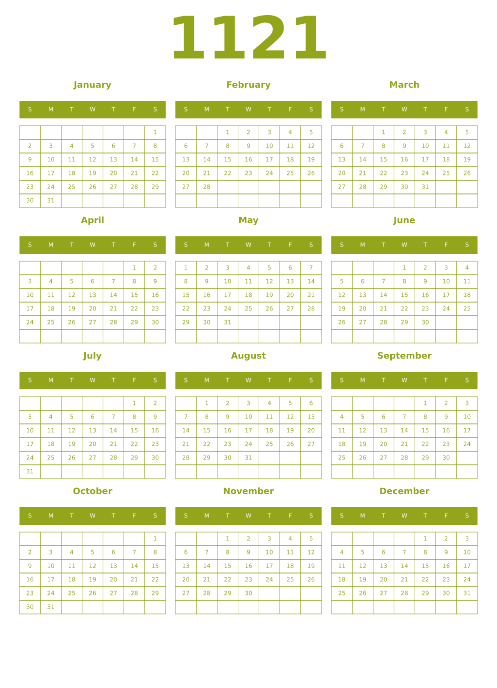 Printable 1121 Year Calendars chartreuse