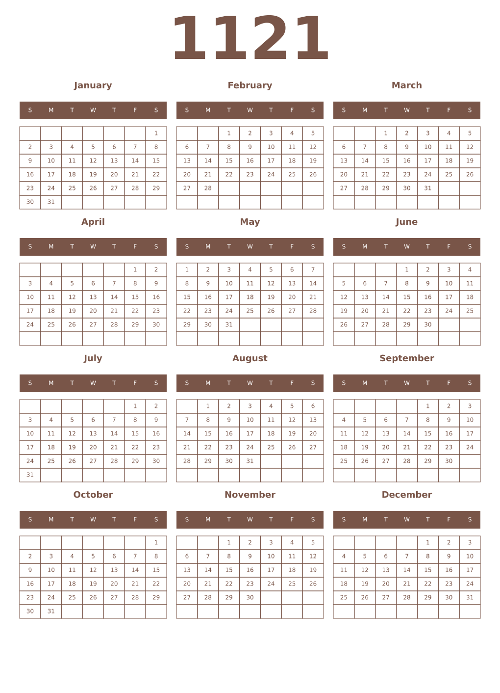 Printable 1121 Year Calendars coffe