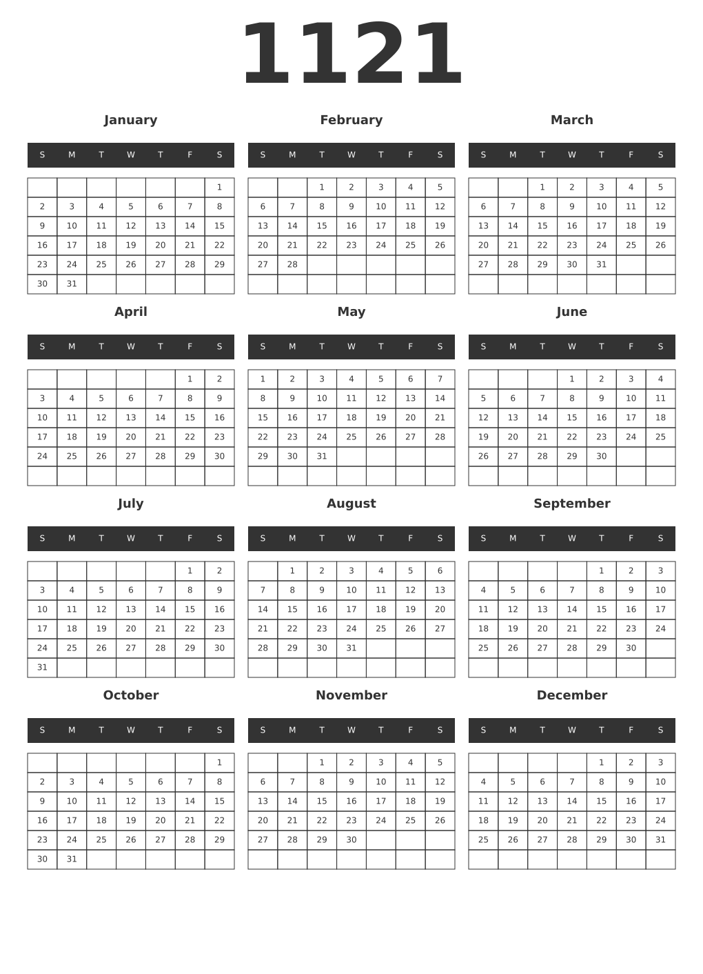 Printable 1121 Year Calendars dark