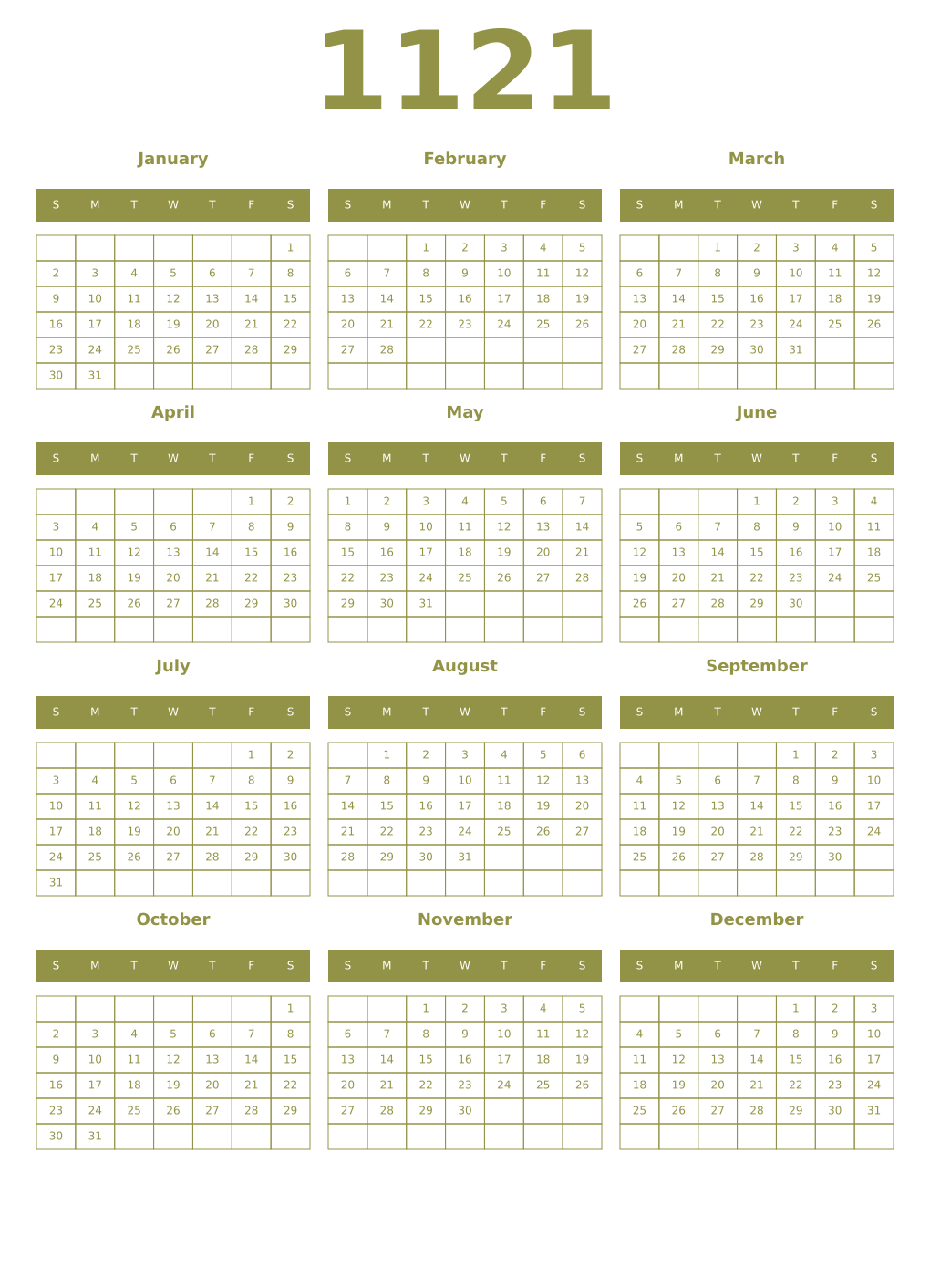 Printable 1121 Year Calendars eburnean