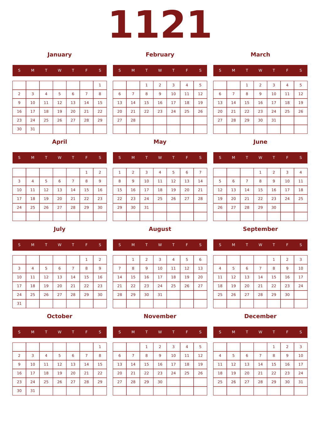 Printable 1121 Year Calendars falu