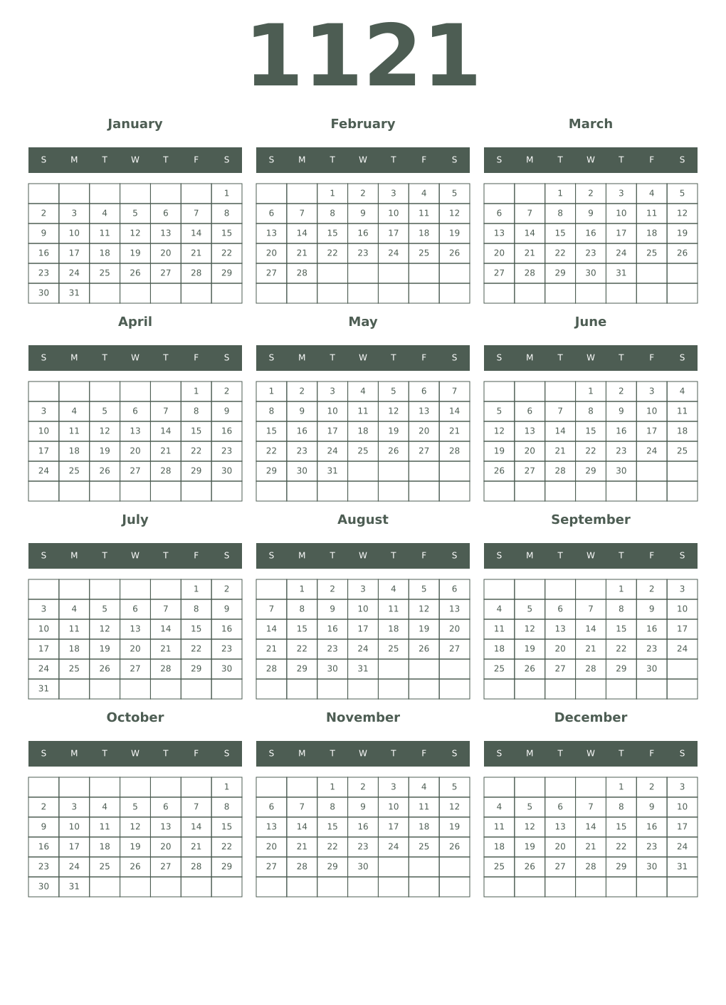 Printable 1121 Year Calendars feldgrau