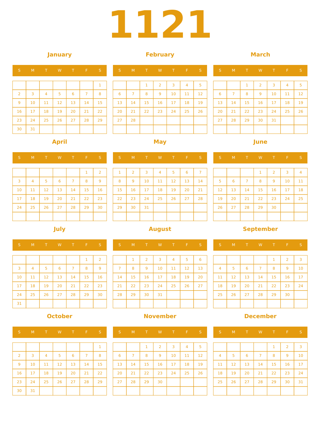 Printable 1121 Year Calendars gamboge