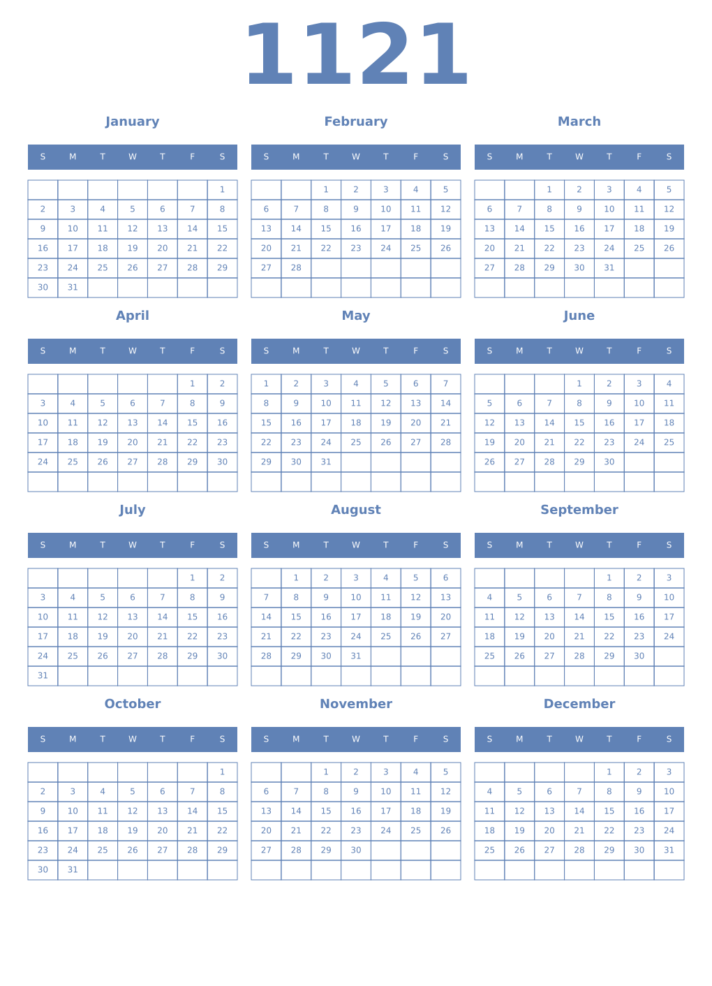 Printable 1121 Year Calendars glaucous