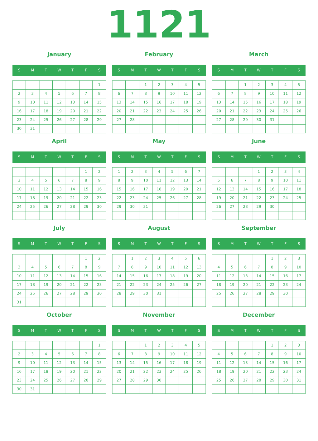 Printable 1121 Year Calendars green