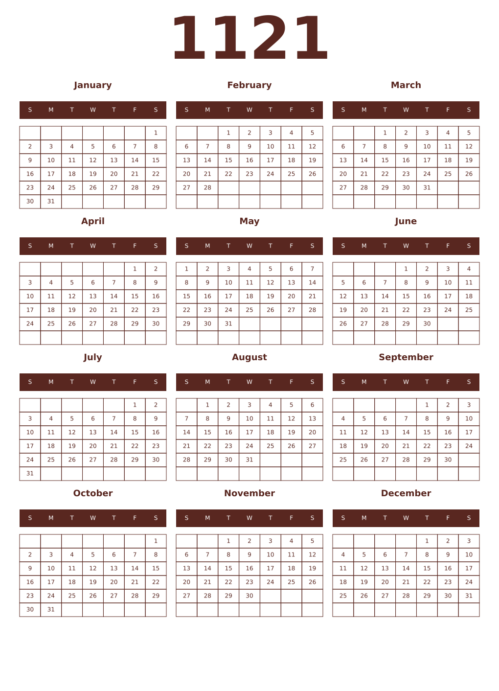 Printable 1121 Year Calendars mortuum