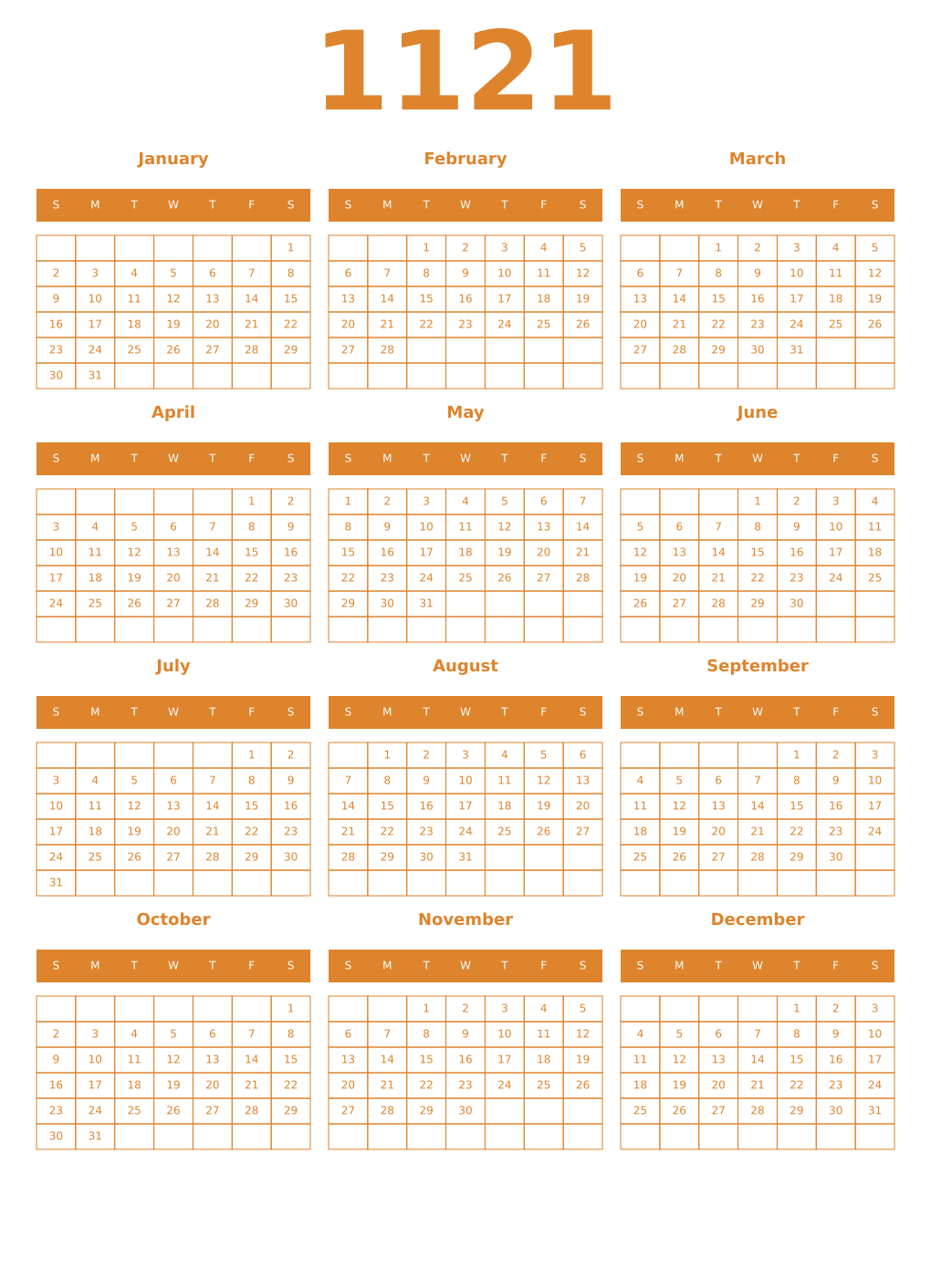 Printable 1121 Year Calendars orange