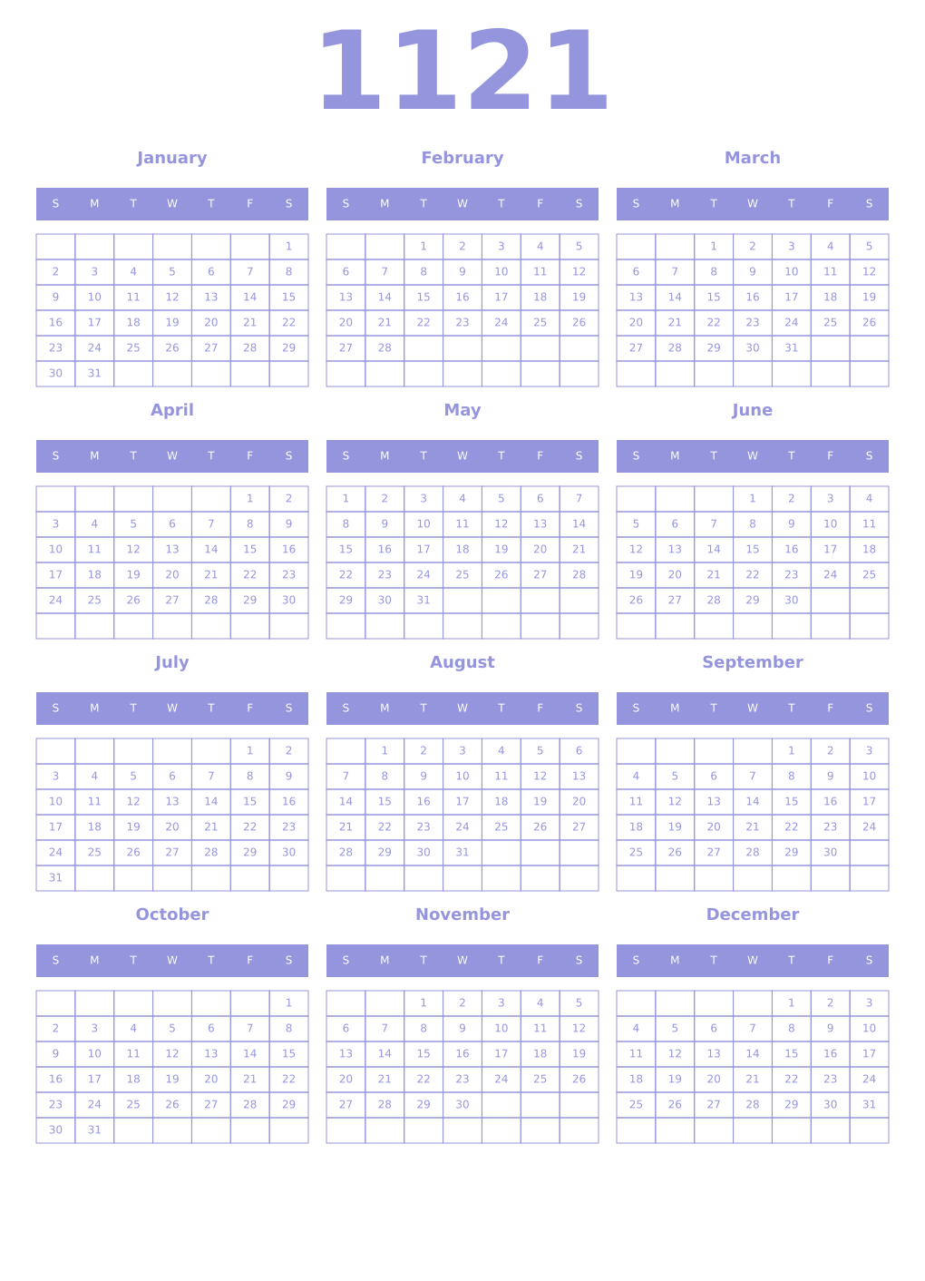 Printable 1121 Year Calendars periwinkle