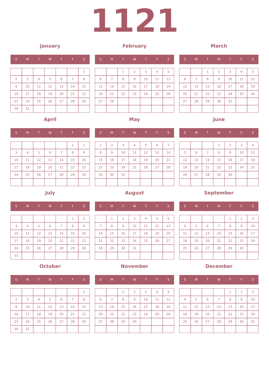 Printable 1121 Year Calendars puce