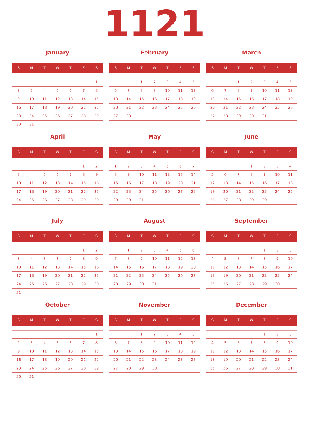 Printable 1121 Year Calendars red