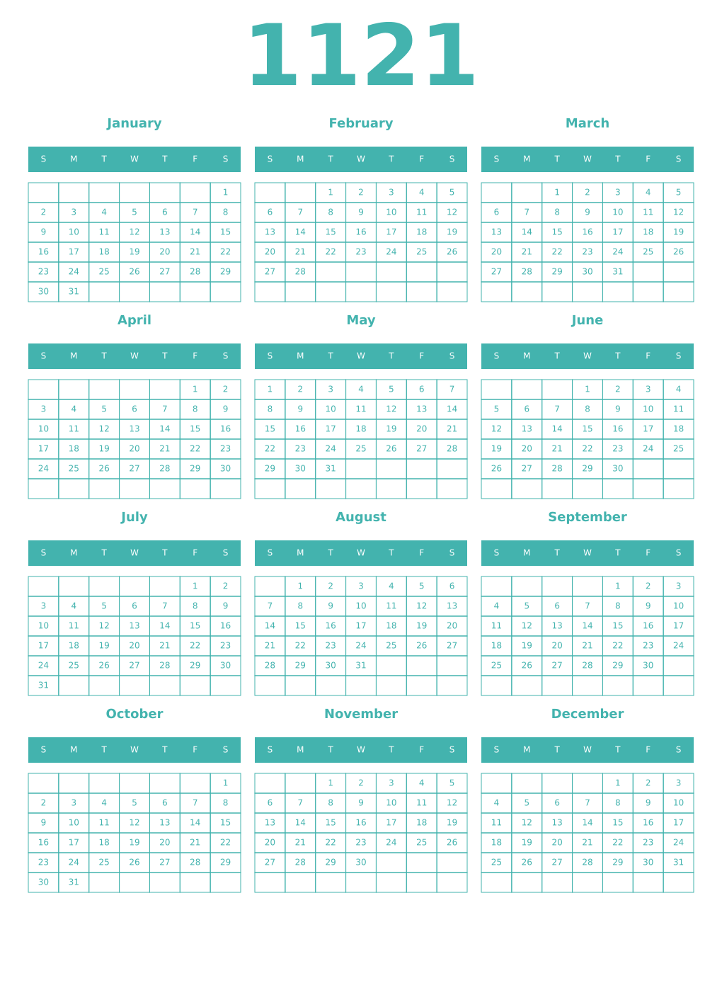 Printable 1121 Year Calendars verdigris
