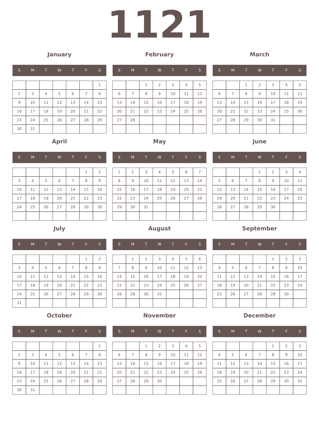 Printable 1121 Year Calendars wenge