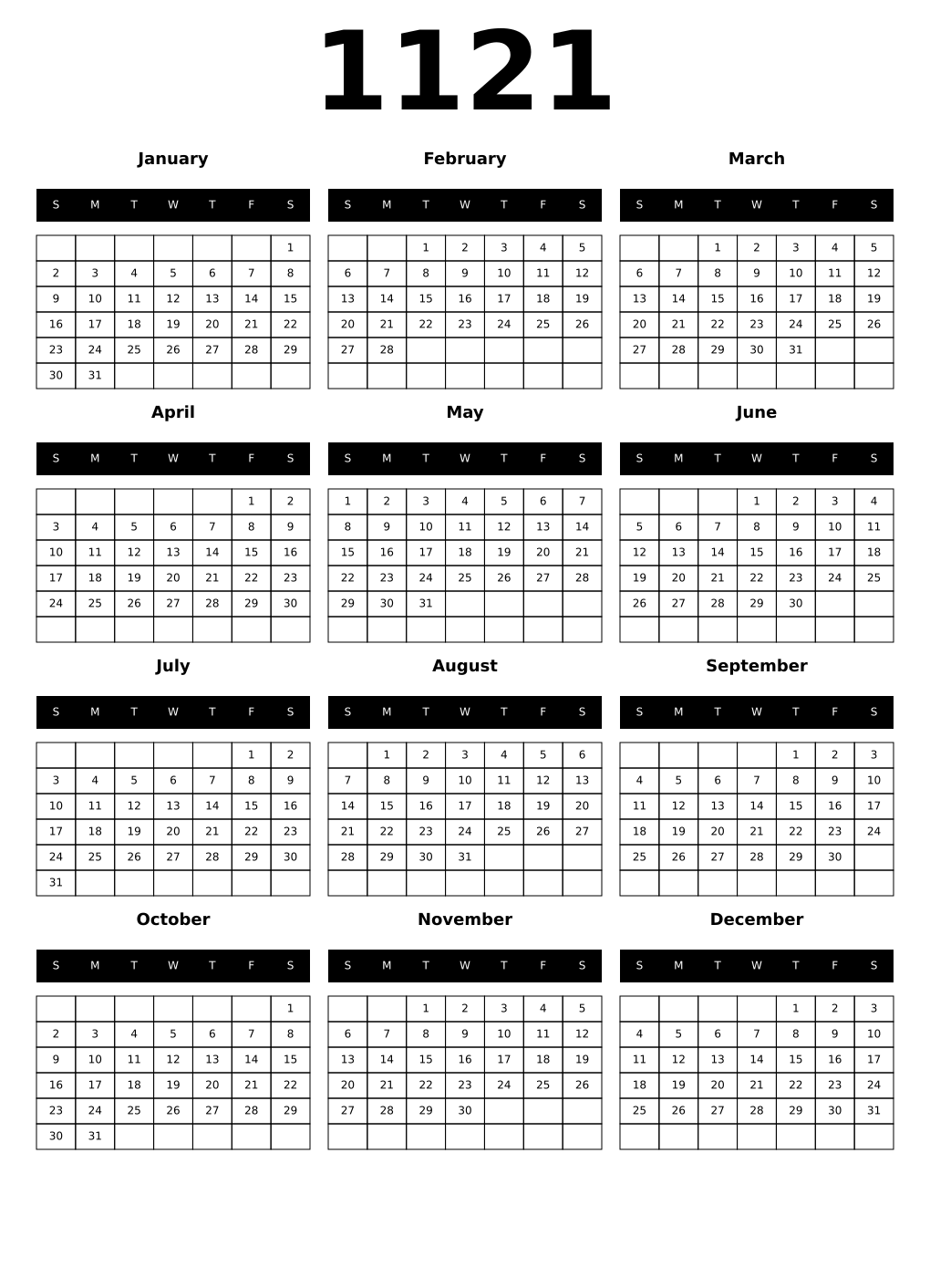 Printable 1121 Calendars