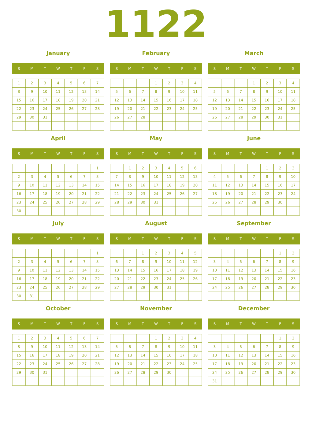 Printable 1122 Year Calendars chartreuse
