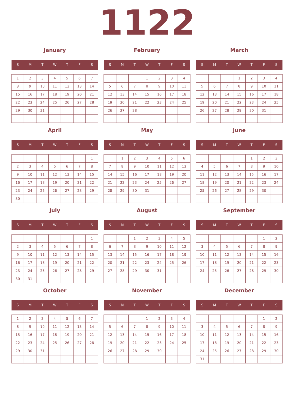 Printable 1122 Year Calendars cordovan