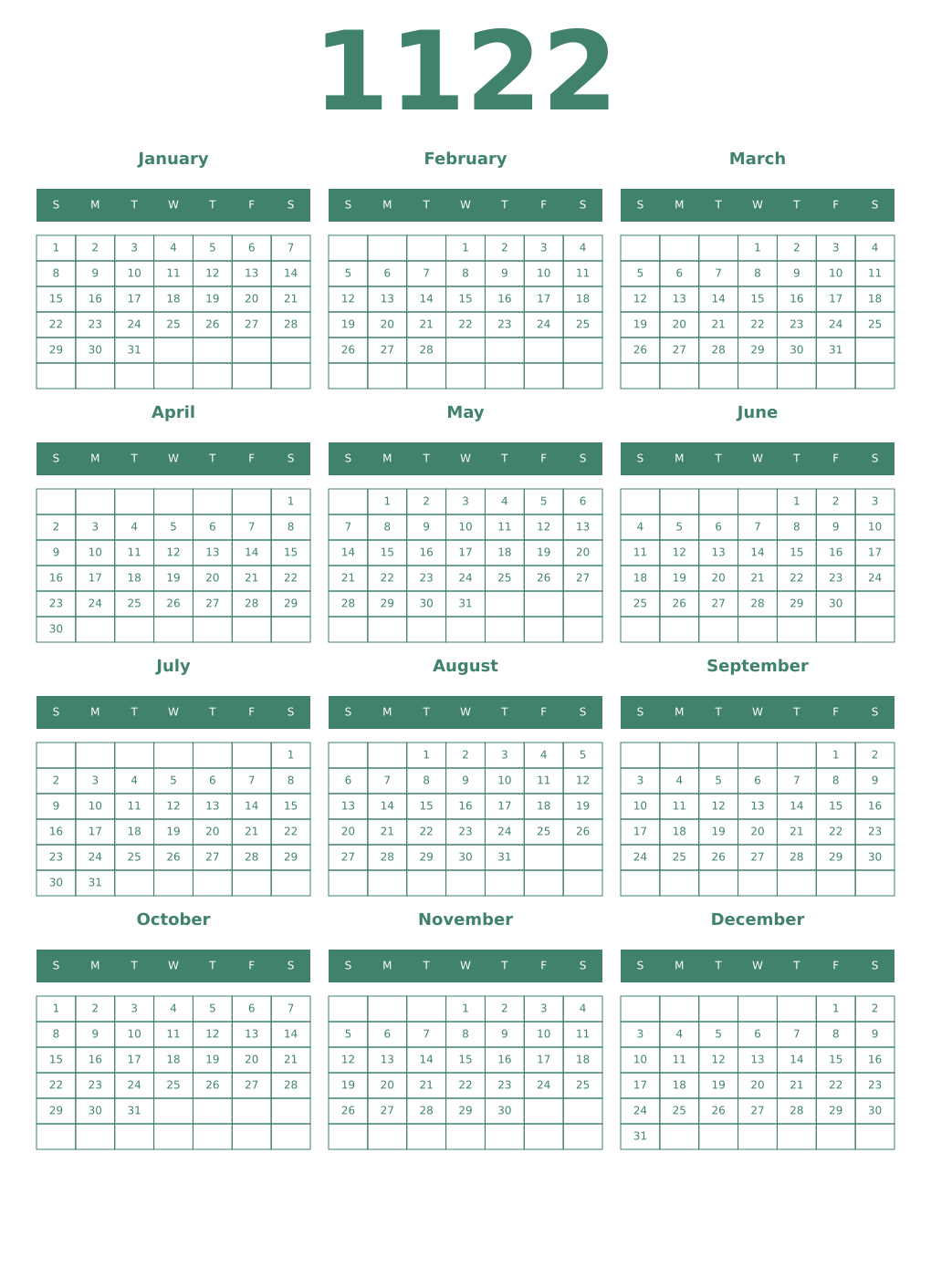 Printable 1122 Year Calendars viridian