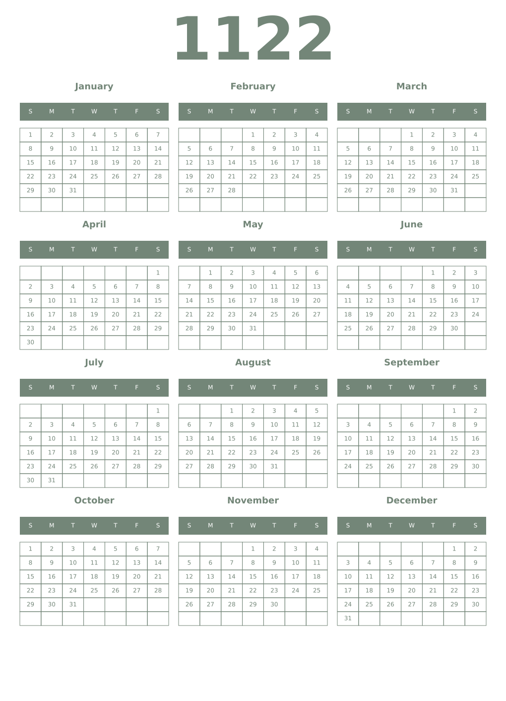 Printable 1122 Year Calendars xanadu