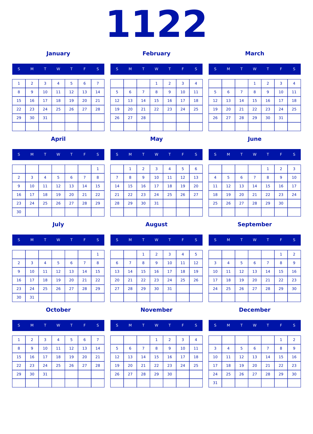 Printable 1122 Year Calendars zaffre