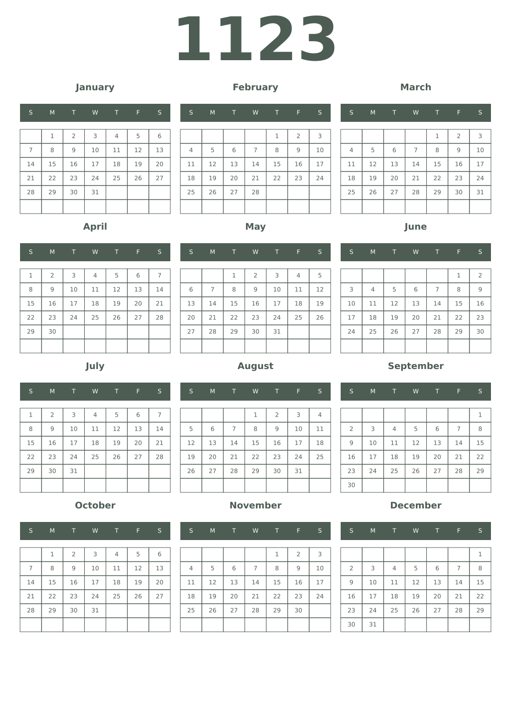 Printable 1123 Year Calendars feldgrau