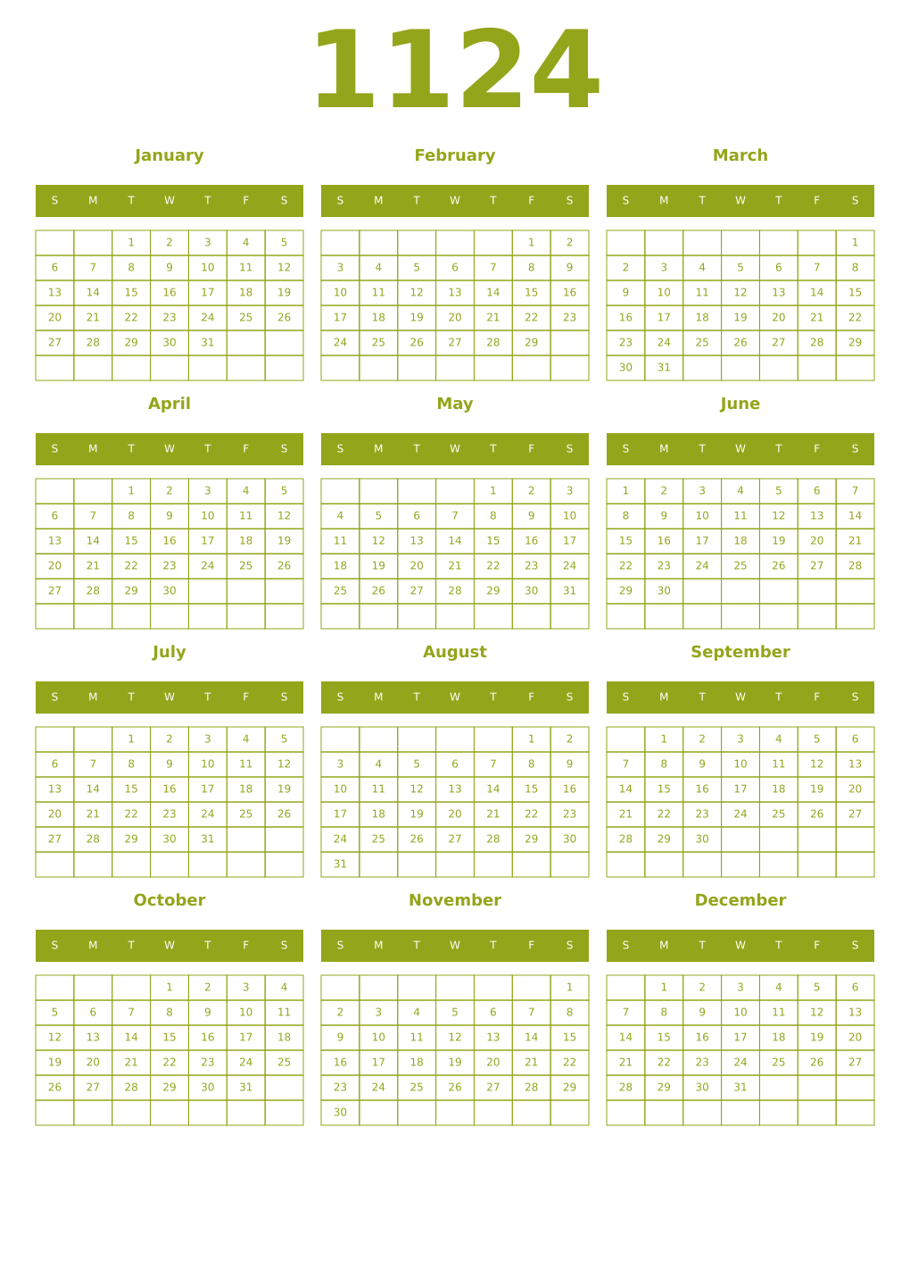Printable 1124 Year Calendars chartreuse
