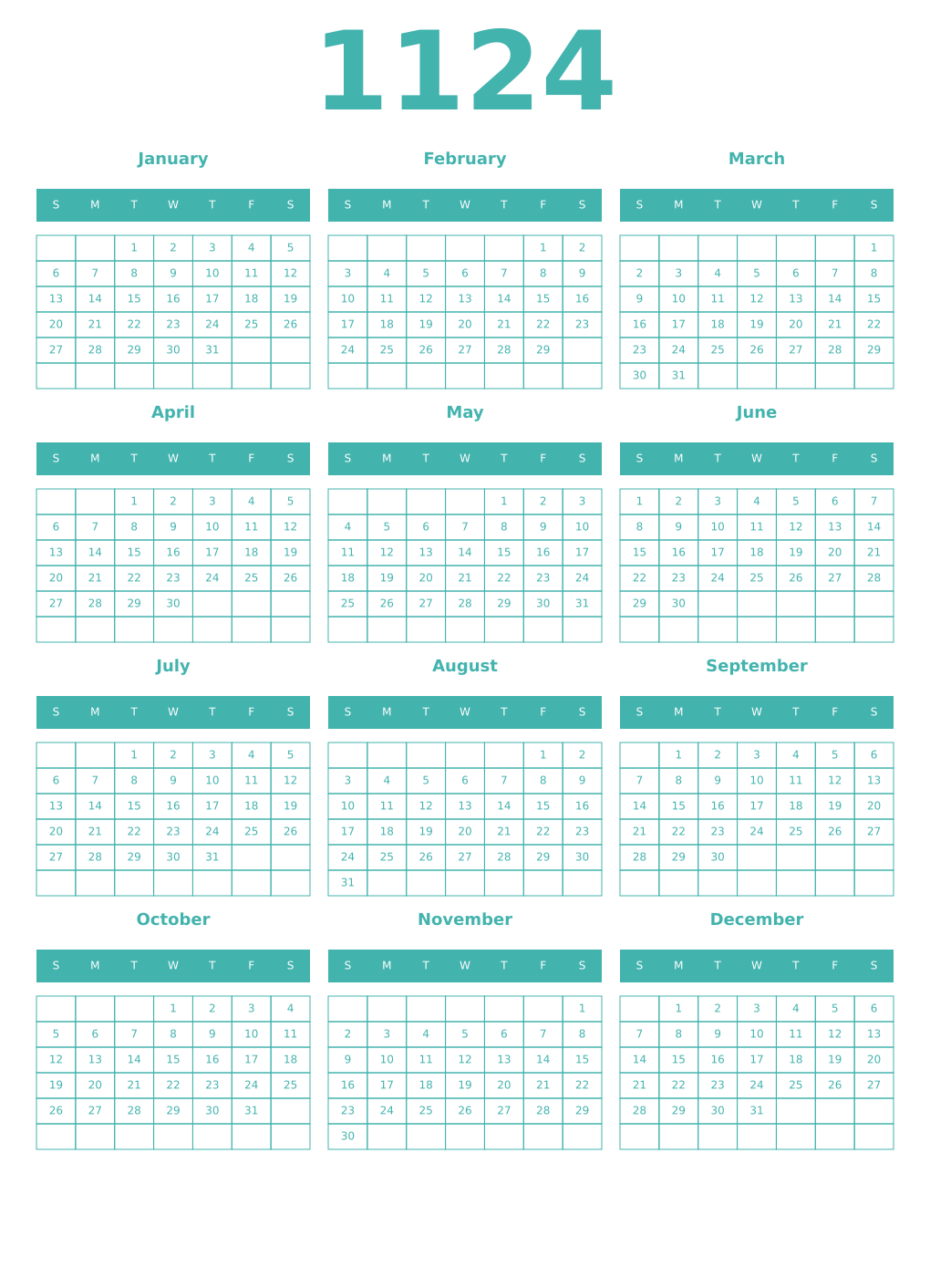 Printable 1124 Year Calendars verdigris