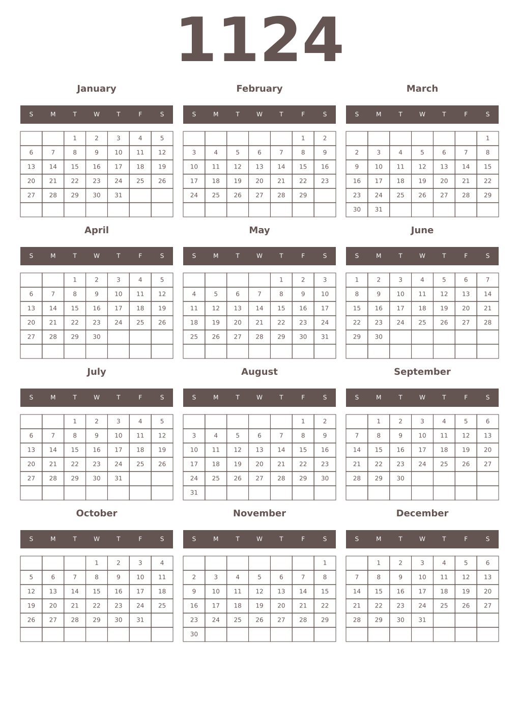 Printable 1124 Year Calendars wenge