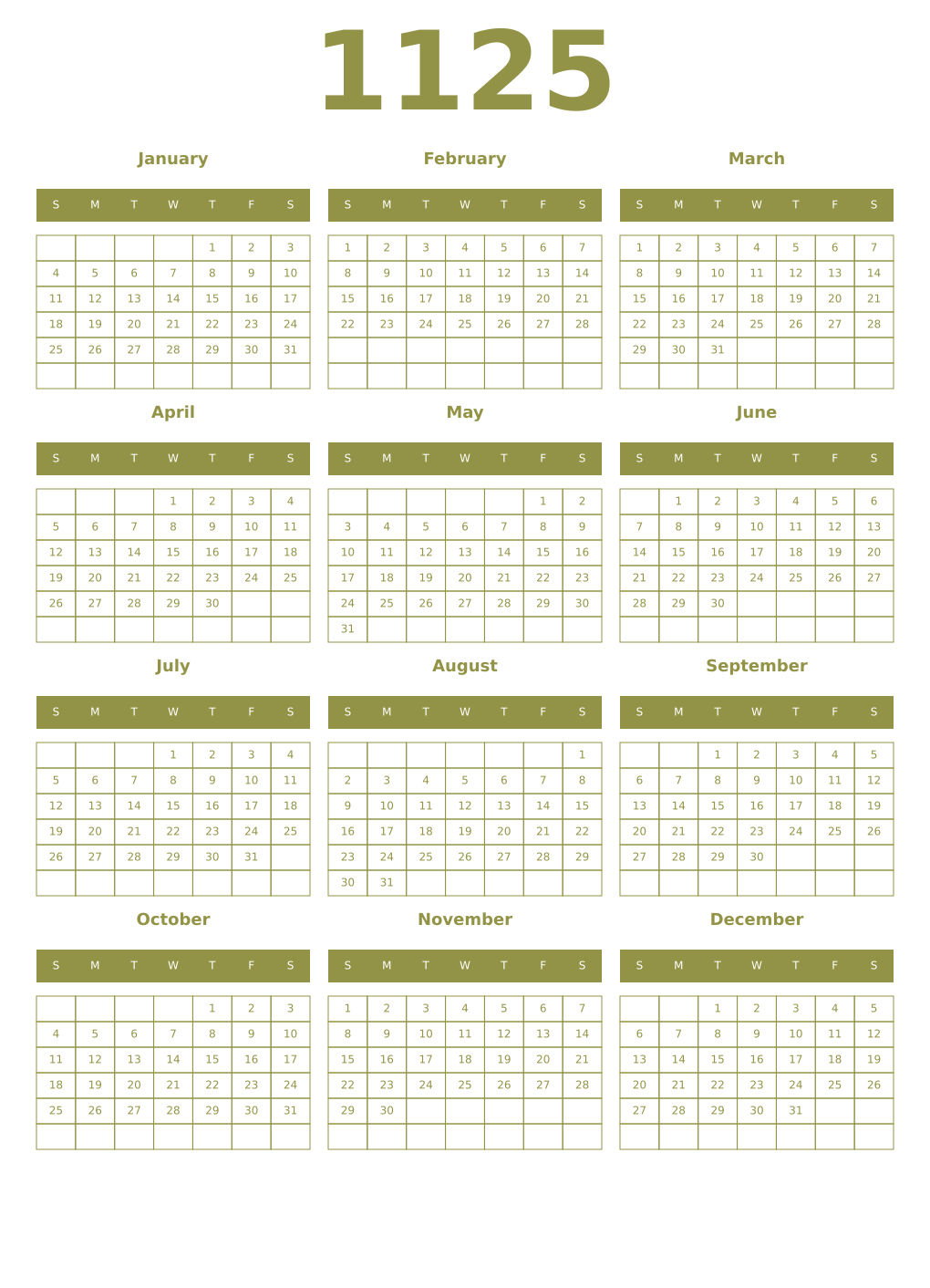 Printable 1125 Year Calendars eburnean