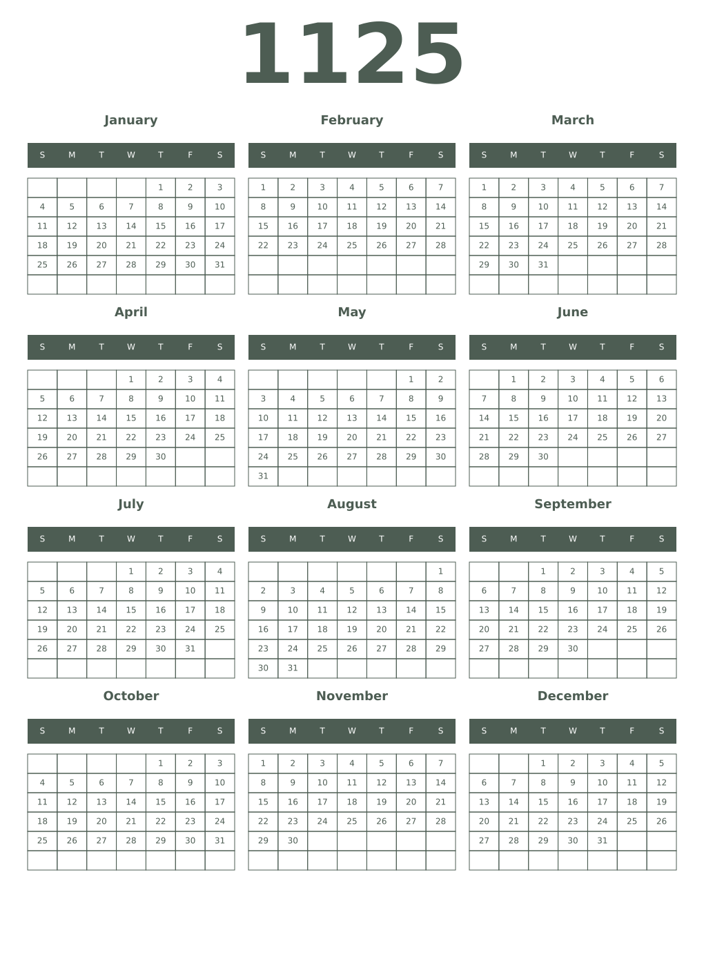 Printable 1125 Year Calendars feldgrau