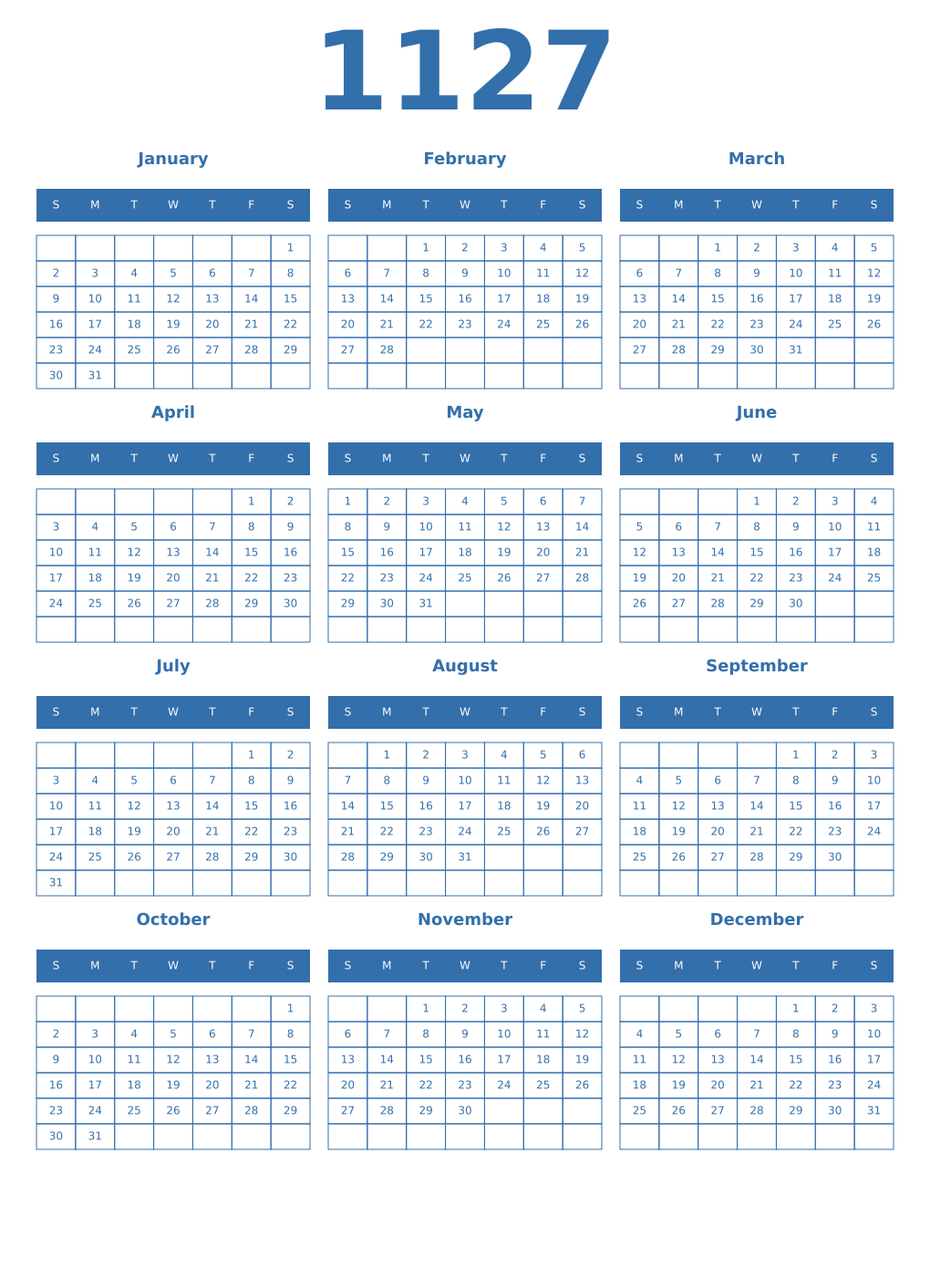 Printable 1127 Year Calendars blue