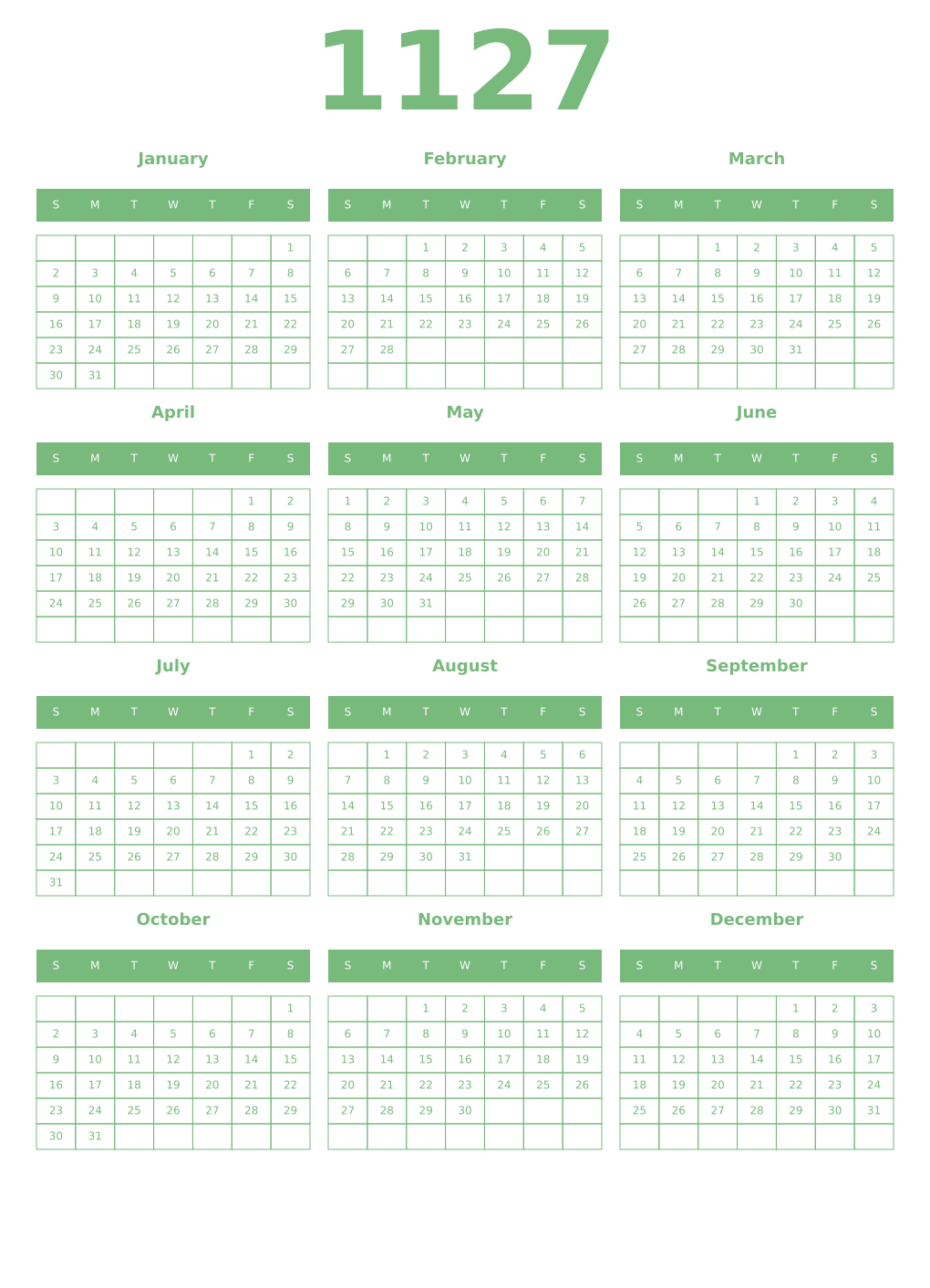 Printable 1127 Year Calendars celadon