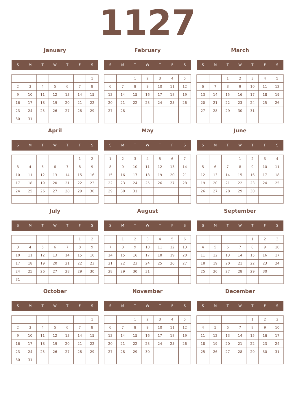 Printable 1127 Year Calendars coffe