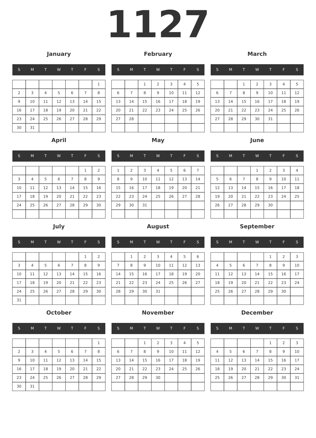 Printable 1127 Year Calendars dark