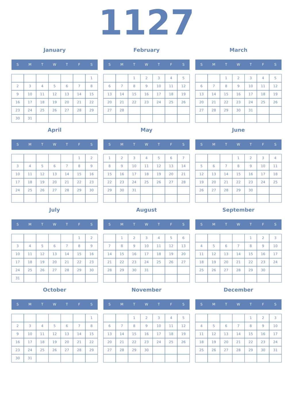 Printable 1127 Year Calendars glaucous