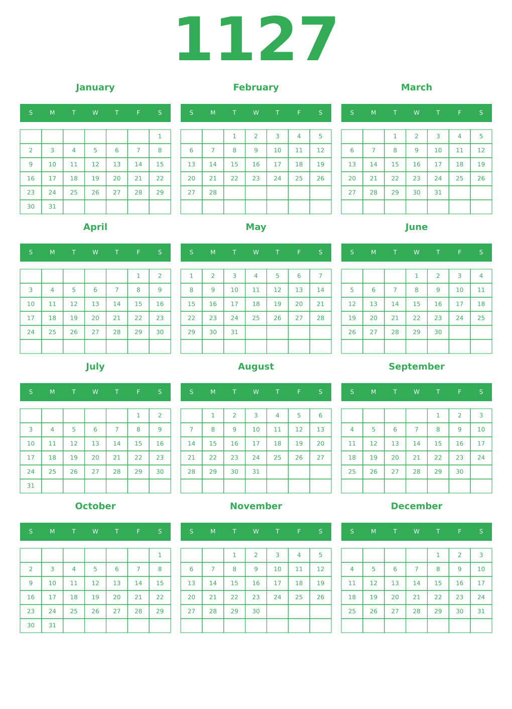 Printable 1127 Year Calendars green