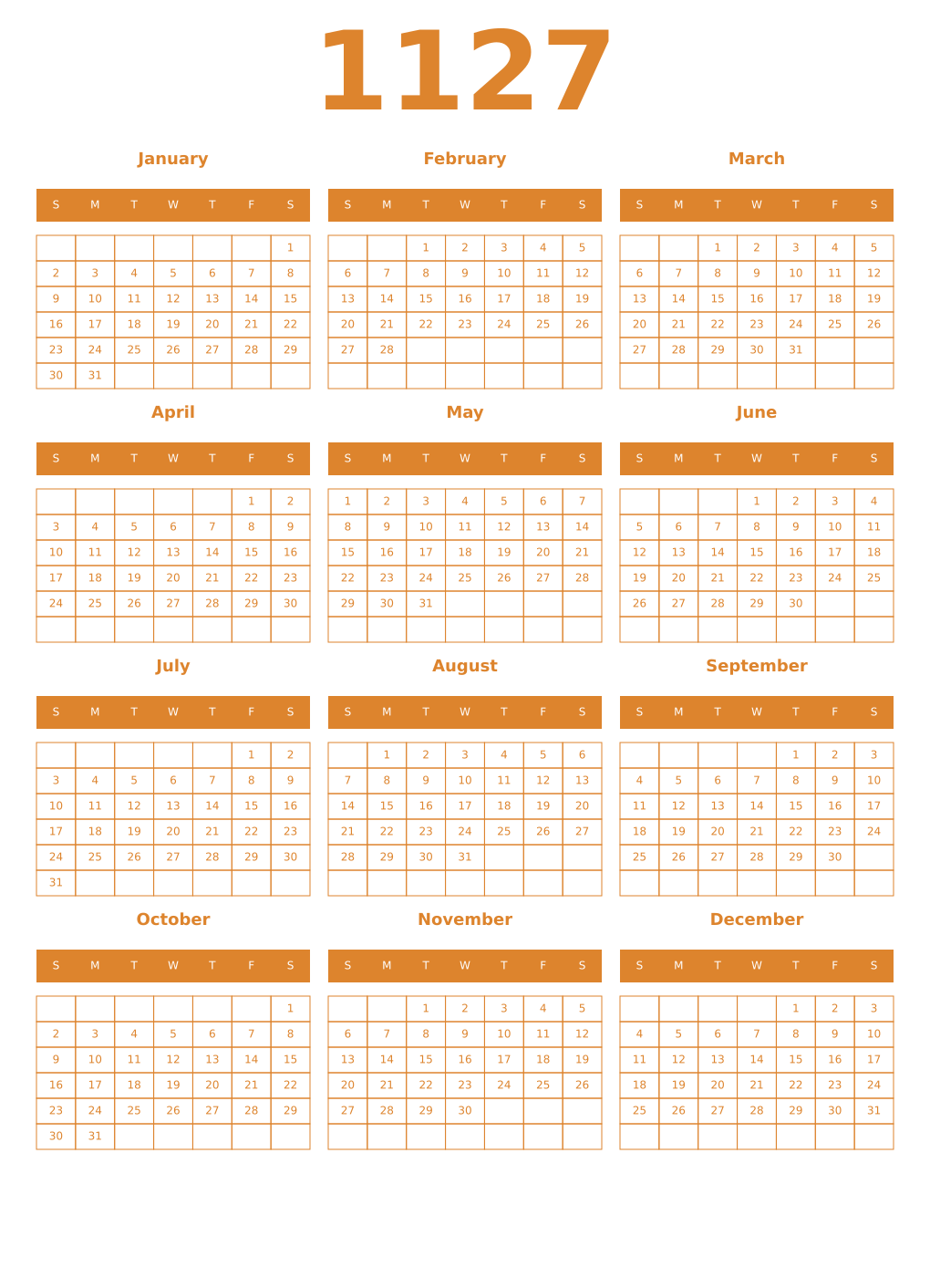 Printable 1127 Year Calendars orange