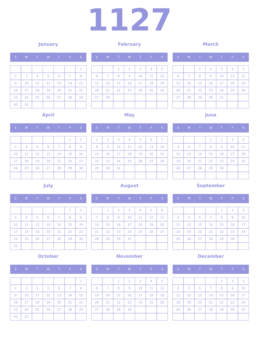 Printable 1127 Year Calendars periwinkle