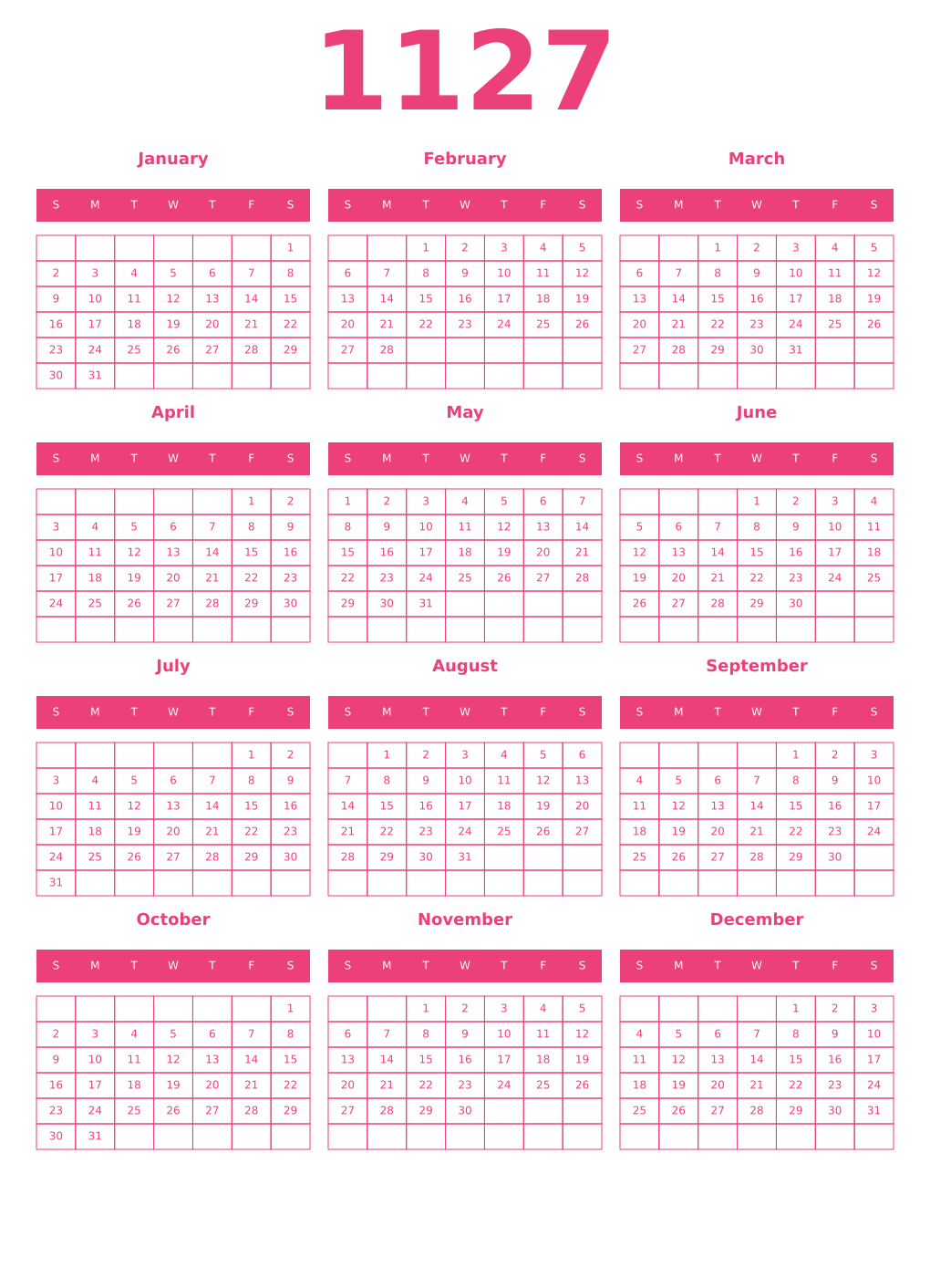 Printable 1127 Year Calendars pink
